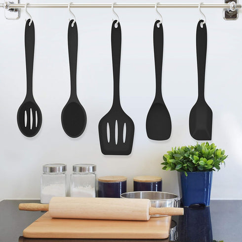 Homikit 5-Piece Kitchen Cooking Utensils Set, Black Silicone Slotted Turner Spatula Spoons for Nonstick Cookware, Dishwasher Safe Kitchen Tools fo...