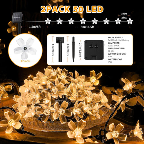 Solar Flower String Lights,2PACK 50 LED Solar Fairy Light Outdoor Waterproof,Cherry Blossoms String Lights for Fence Patio Yard Christmas Tree,Law...