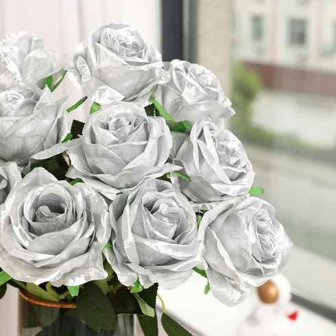 JUSTOYOU 10Pcs Artificial Roses Flowers, Realistic Blossom Roses, Real Touch Silk Rose, Single Fake Flower Long Stem Bouquets for Home Wedding Par...