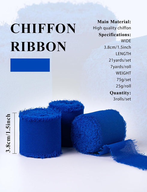 Chiffon Ribbon, Royal Blue Graduation Ribbons, 1.5''x21Yards Handmade Frayed Fringe Silk Ribbon for Gift Wrapping, Floral Vase Decoration, Mother'...