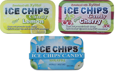 ICE CHIPS Xylitol Candy 3 Pack Assortment (Sour Apple, Sour Cherry, Lemon) 5.28 OZ...