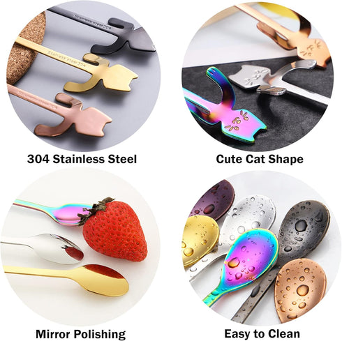 6 PCS Cat Spoon Coffee Tea spoon Set, ESRISE Stainless Steel Hanging Cup Teaspoons Demitasse Mini Long Cute Kitten Stirring Spoon for Dessert Drin...