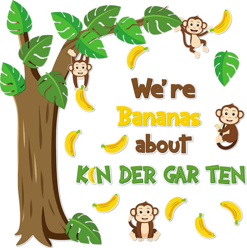 84Pcs Wild Animals Kindergarten Back to School Bulletin Board Set Bananas about Kindergarten Trees Monkey Cutouts First Day of School Decoration D...