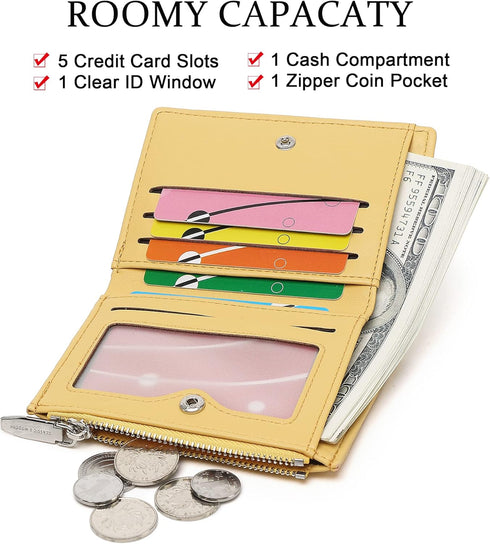 Small Wallets For Women Leather Bifold Slim Zipper Wallet Ladies Credit Card Holder Coin Purse Mini Wallet With ID Window(Yellow)...