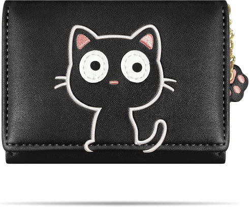 Cute Small Wallets for Women, Fashion Tri-folded Wallet for girls, Short Slim Womens Wallet with ID Window (3D Cat Pattern Black)...