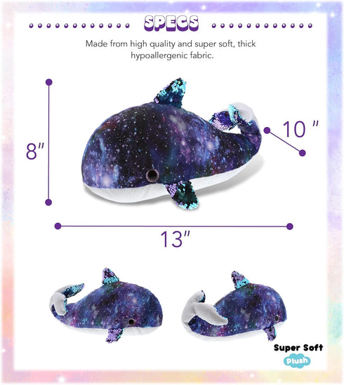 DolliBu Whale Space Flip Sequin Plush 13 Inch, Flipping Reversible Sequins Huggable Stuffed Animal, Colorful Nautical Galaxy-Theme Whale Plush Toy...