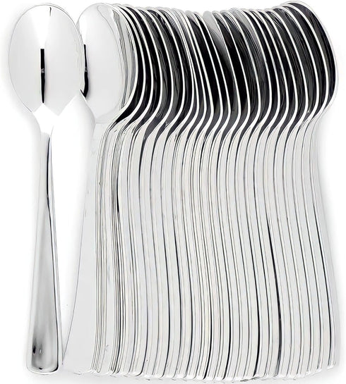 Plastic Cutlery Silverware Extra Heavyweight Disposable Flatware, Full Size Plastic Spoons Like Silver 24 Pack...