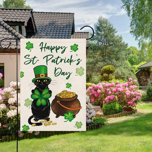 Happy St. Patrick's Day Garden Flag Black Cat Yard Flags Luckly Shamrock 12x18 Inch Vertical Double Sided Burlap Banner for Spring Holiday Farmhou...