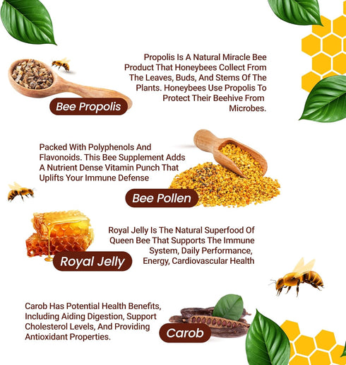 Bee Pollen Propolis Royal Jelly Extract with Carob, Pure Immune Support Supplement, Gluten-Free, Vegetarian Capsules, 1000 mg...