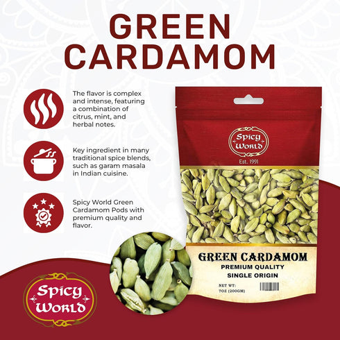 Spicy World Whole Green Cardamom Pods 7 Oz Large Bag (200g) - Natural Spice, Vegan, Large, Aromatic - By Spicy World...