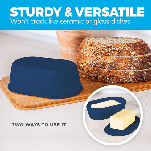 Midnight Blue Butter Dish with Lid For Countertop - Modern Bamboo Butter Crock - Dishwasher Safe Butter Keeper - Butter Holder Container Perfect F...