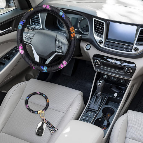 Butterfly Steering Wheel Cover Women Car Accessories Set with Car Cup Holder and Keyring Bracelet Butterflies Design Grip Steering Wheel Cover for...