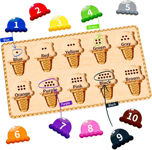 Wooden Puzzles for Toddlers,Montessori Toys,Preschool Learning Activities,Peg Puzzle with Ice Cream Shape and Color Number Matching Educational To...