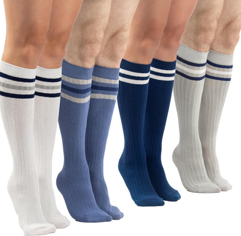 Sirici Knee Socks | 4 Pairs Striped Cotton Knee High Socks For Women | Tube Socks for girls (White w...