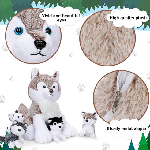 5PCS Wolf Plush Toys - 13.4 Inch Wolf Mom with Little Mini Babies Stuffed Animal Plush Huggable Cuddly Fluffly Wolf Plushie Family Set Gifts for G...