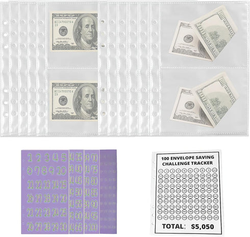 100 Envelopes Money Saving Challenge,Money Saving Binder,25 Sheets Replaceable Cash Envelopes Compatible with A5 Money Saving Challenge Book?A5 Bi...