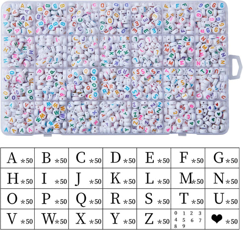 1400pcs Letter Beads Kit, 4x7 mm Acrylic Round Alphabet Beads Number Beads Heart Beads for Jewelry and Bracelet Making, in 28 Grid Box (White and ...