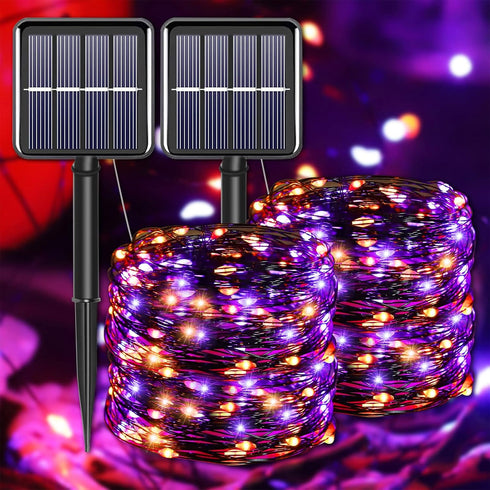 YAOZHOU Halloween Decor Outdoor Solar String Lights, Purple Orange IP67 Waterproof 2 Pack Total 200 LED 66FT 8 Modes Fairy Lights, Outside Fall De...
