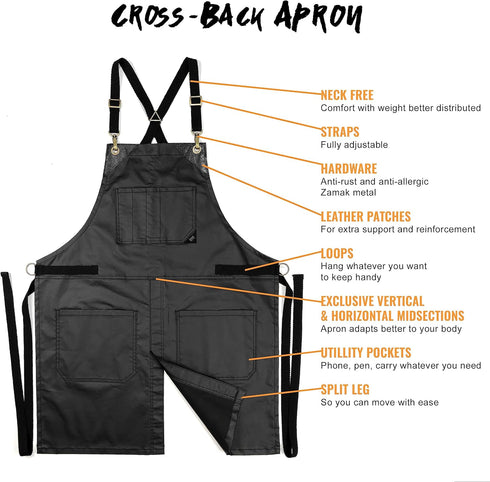 Under NY Sky Cross-Back Panther Black Apron – Coated Twill with Leather Reinforcement and Split-Leg – Adjustable for Men and Women – Pro Barber, T...