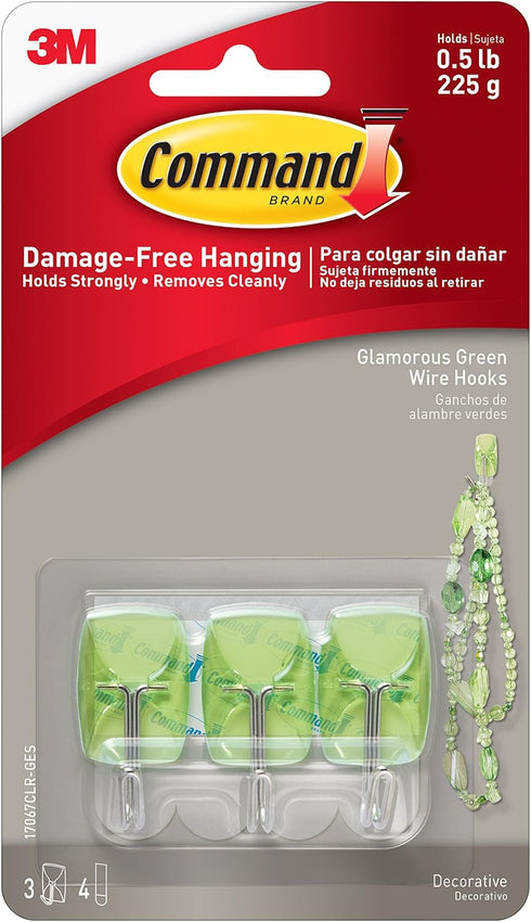 Command Wire Hooks, Small, Glamorous Green, 3-Hooks (17067CLR-GES)...