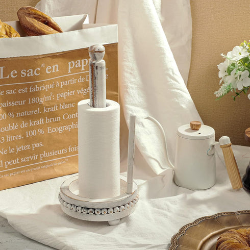 Farmhouse Paper Towel Holders Washed Beaded Wood Paper Towel Stand Rustic Pedestal Standing Paper Towel Roll Dispenser Rack for Kitchen Bathroom D...