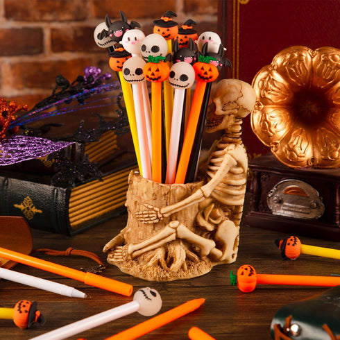 30 Pcs Halloween Pens, Pumpkin Skull Heads Ghost Bat Shape Pens, 0.5 MM Bulk Black Rollerball Pen for Halloween Thanksgiving Party Supplies School...