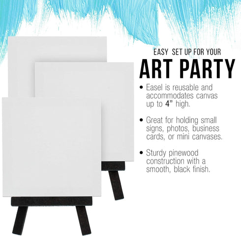 U.S. Art Supply 3" x 3" Stretched Canvas with 5" Mini Black Wood Display Easel Kit (Pack of 12), Artist Tripod Tabletop Holder Stand - Painting Pa...