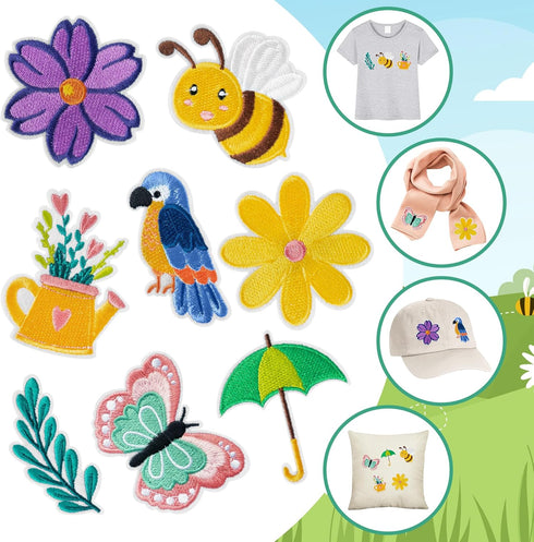 8 Pcs Summer Iron on Patches Colorful Flowers Bee Butterfly Sew on Embroidered Applique Repair Patch Seasonal DIY Crafts Accessories Festive Gifts...