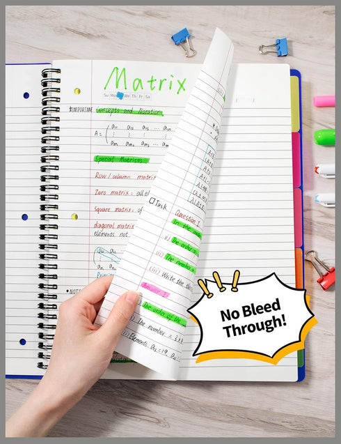 SUNEE 5 Subject Notebook College Ruled - 300 Pages, 8.2"x10.8", 5 Pocket Colored Dividers, 3-Hole Punched Paper, Blue...