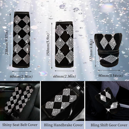 11 Pcs Bling Car Accessories Set for Women,Bling Steering Wheel Cover Universal Fit 15 Inch,Rhinestone Center Console Cover,Sparkling Seat Belt Sh...
