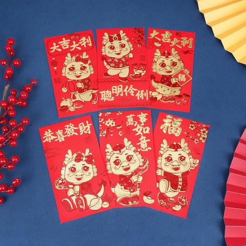 Red Envelopes Chinese New Year Dragon 2024, Lunar New Year Red Envelope Large Lucky Money Interoffice Envelopes Red Packet Hong Bao with 6 Differe...