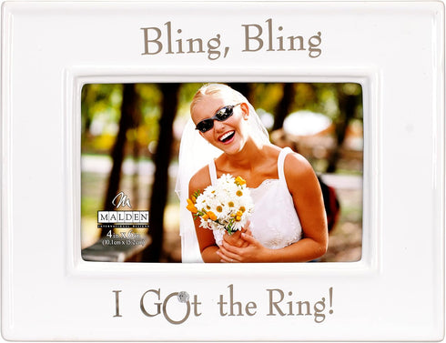 Malden International Designs Glazed Ceramic With Silver Accents Bling Bling I Got the Ring Picture Frame, 4x6, White...