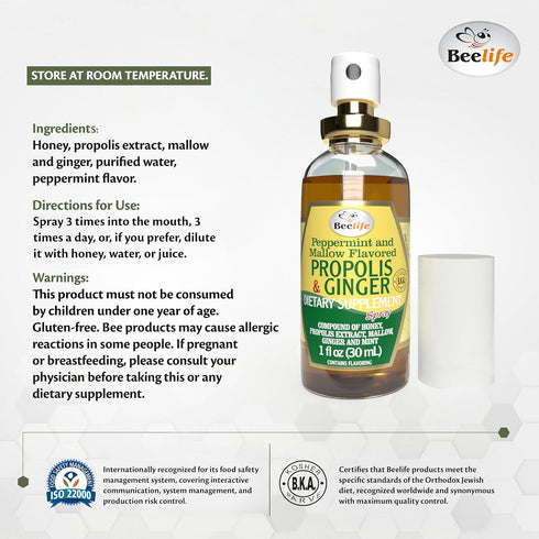 Beelife Propolis Throat Spray – Soothing Honey & Ginger Propolis - Natural Immune Support & Sore Throat Relief, Antioxidants, Rich in Flavonoids &...