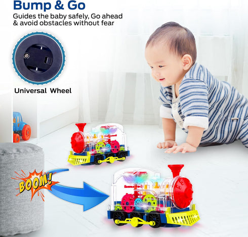 Music Train Toy with LED Light up for Kids - Colorful Moving Transparent Gears for Toddlers -Tummy Time Crawling Baby Toys -Ideal Gift for Boys Gi...