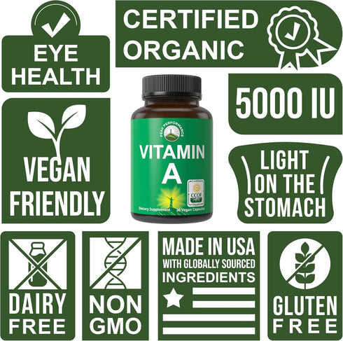 Certified Organic Vitamin A 5000 IU Supplement Capsules High Potency Vitamins. for Adults, Men, Women, Kids. Made with Organic Carrot Juice. Great...
