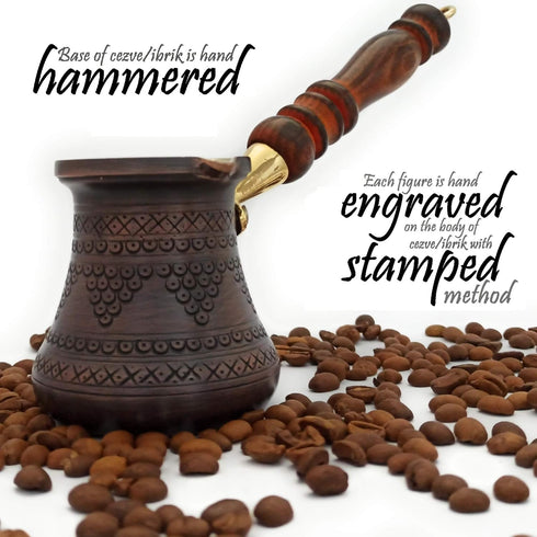 PCZ Series (Small-6 fl.oz) Thickest Solid Copper Engraved/Stamped Turkish Greek Arabic Coffee Pot with Wooden Handle, Stovetop Coffee Maker Cezve ...