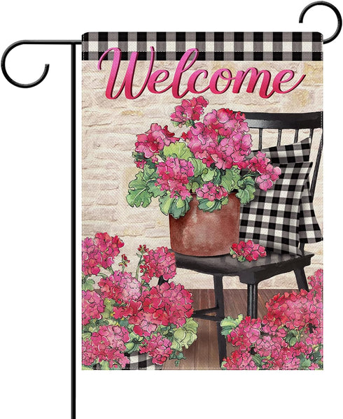 Welcome Spring Geranium Pink Flower Decorative Garden Flag, Black White Buffalo Plaid Floral Pot Chair Yard Outside Home Decorations, Summer Farmh...
