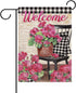 Welcome Spring Geranium Pink Flower Decorative Garden Flag, Black White Buffalo Plaid Floral Pot Chair Yard Outside Home Decorations, Summer Farmh...