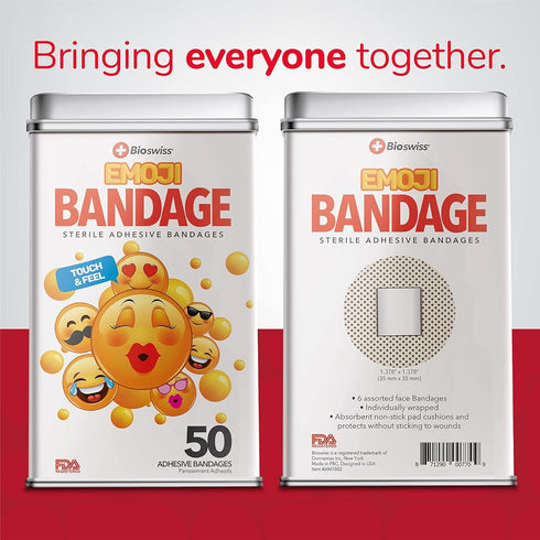 BioSwiss Bandages, Emoji Shaped Self Adhesive Bandage, Latex Free Sterile Wound Care, Fun First Aid Kit Supplies for Kids, 50 Count...