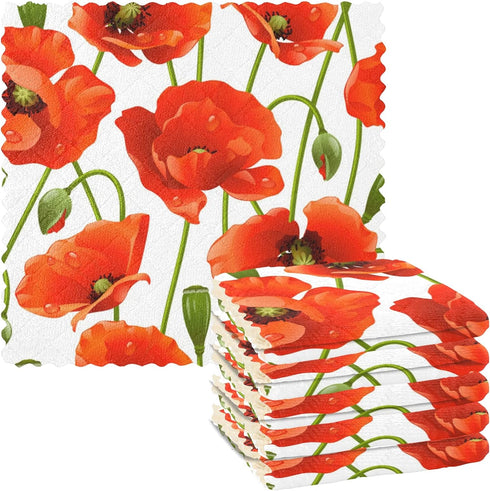 Kcldeci Poppy 6 Pieces Kitchen Dish Cloths Poppies Flower Floral Washable Cleaning Cloth Absorbent Dish Towels for Washing Dishes Wipe Glass Home ...