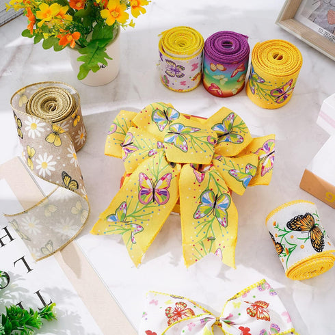 Whaline 6 Roll Butterfly Wired Edge Ribbon 36 Yards Colorful Butterfly Daisy Flower Plaids Craft Ribbon Spring Summer Farmhouse Fabric Ribbon for ...