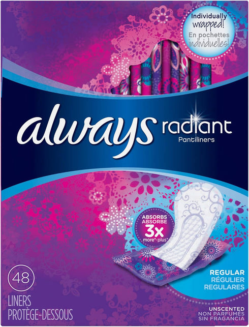 Always Radiant Pantiliners, Regular, Unscented, 48 Liners (Pack of 2)...