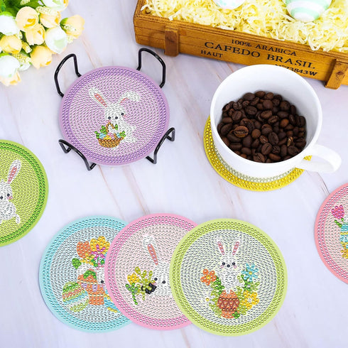 Whaline 8Pcs Easter Diamond Drawing Coasters with Holder, DIY Diamond Drawings Coasters, Colorful Bunny Rabbit Egg Diamond Drawing Kits for Adults...