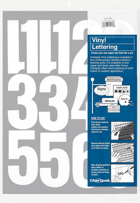 Chartpak Self-Adhesive Vinyl Numbers, 4 Inches High, White, 23 per Pack (01196)...