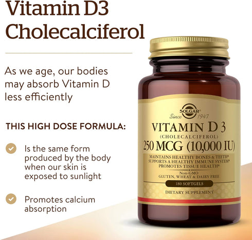 Solgar Vitamin D3 Cholecalciferol 250 MCG 10000 IU Softgels Helps Maintain Healthy Bones Teeth Immune System Support Non GMO Gluten, Dairy Free Se...