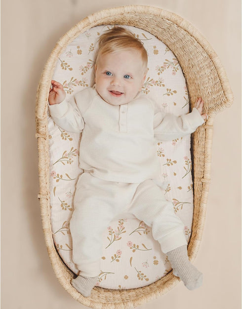 Konssy 2 Pack Muslin Fitted Bassinet Sheets for Baby Girl Boy, Soft Breathable Baby Bassinet Sheets Fit for Baby Bassinets, Cradle, Moses Basket O...