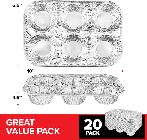 Stock Your Home (20-Count Disposable Muffin Tins 6-Cup, Standard Size Foil Muffin Pans, Aluminum Cupcake Tin for Baking, To-Go Trays for Bake Sale...