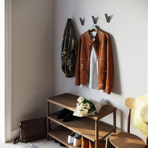 Walnut Wood Wall Coat Hook Rack - Set of 2 - Black Metal Hooks for Hanging Coats & Hats...