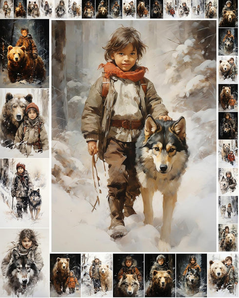 Decoupage Paper Pack (35 Sheets 6"x8") Brave Boys Walking Through Snowy Forests with Massive Bears and Wolves FLONZ Vintage Illustration Pictures ...