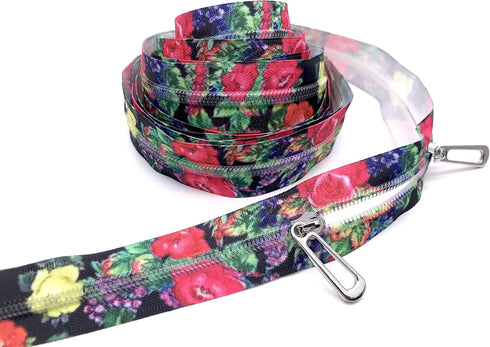 Goyunwell #5 Zippers by The Yard Nylon Coil Long Zippers for Sewing 5 Yard Zipper Tape with Rose Flower Pattern and 10pcs Silver Zipper Pulls for ...